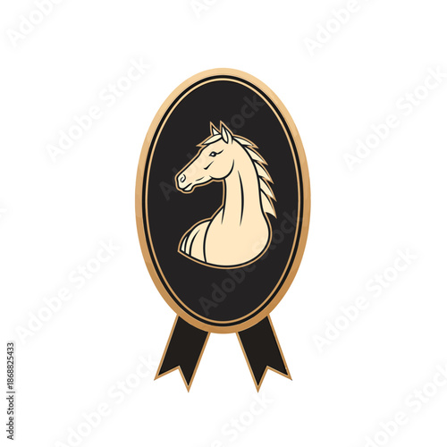 Elegant Horse Head Emblem with Ribbon Detail. Lunar New Year Vector Illustration. EPS Editable