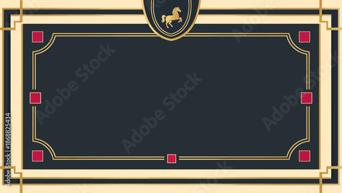 Elegant Vintage Frame with Golden Horse Emblem and Decorative Accents. Lunar New Year Vector Illustration. EPS Editable
