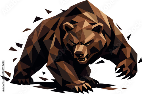 Geometric Bear Power. Low-poly vector illustration focused on a bear as a symbol of strength, polygonal geometric style with sharp