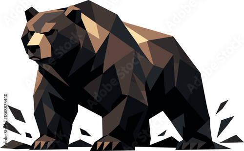 Powerful Polygonal Bear. Low-poly vector illustration focused on a bear as an emblem of power, faceted polygonal geometry with