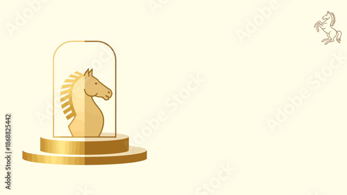 Golden Chess Knight Piece Under Glass Dome Display on Pedestal. Lunar New Year Vector Illustration. EPS Editable