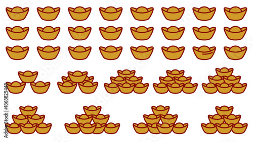 Golden Chinese Yuan Bao Ingots Stacked and Arranged for Wealth and Prosperity. Lunar New Year Vector Illustration. EPS Editable