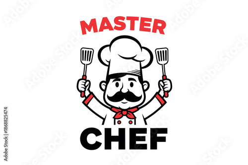 Master chef logo with cartoon character and utensils on white background