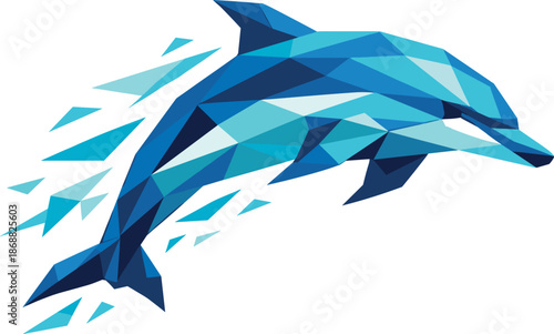 Low-Poly Dolphin Motion. Low-poly vector illustration focused on a dolphin in motion, polygonal geometric style with sharp
