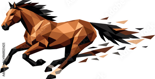 Galloping Horse Vector. Low-poly vector illustration focused on a horse running in a gallop, faceted polygonal geometry with sharp