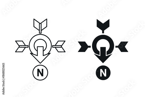 Black and white compass navigation symbols with arrows and north direction indicators
