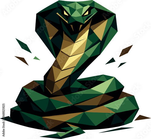 Minimalist Geometric Cobra. Low-poly vector illustration focused on a geometric cobra in a bold minimalist interpretation, angular