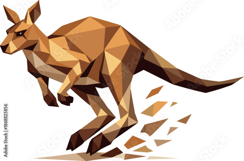 Dynamic Geometric Kangaroo. Low-poly vector illustration focused on a kangaroo rendered in geometric low-poly style, faceted