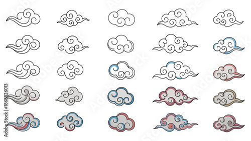 Set of Hand Drawn Asian Style Clouds with Traditional Oriental Patterns. Lunar New Year Vector Illustration. EPS Editable