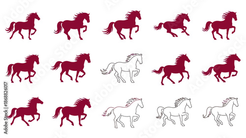 Set of running horses in various poses and styles. Lunar New Year Vector Illustration. EPS Editable