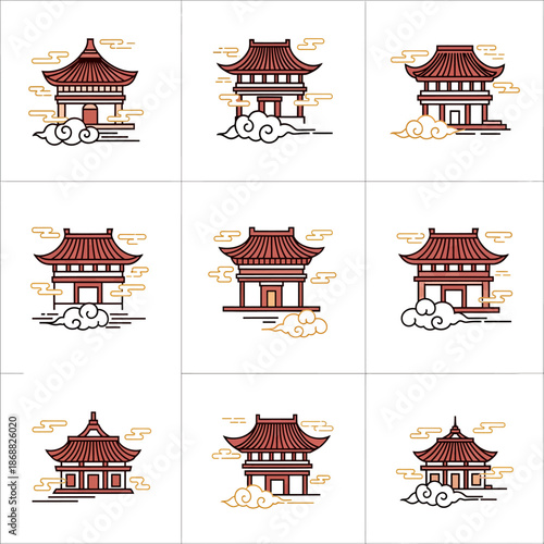 Set of nine traditional Asian temple. Lunar New Year Vector Illustration. EPS Editable