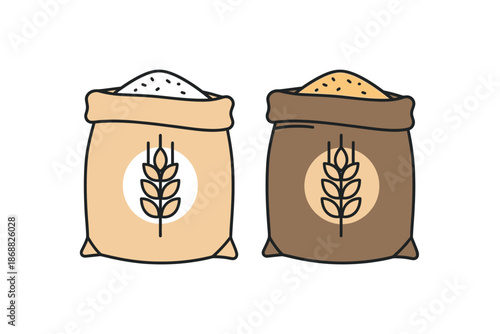 Two cartoon sacks of grain with wheat emblems on them side by side