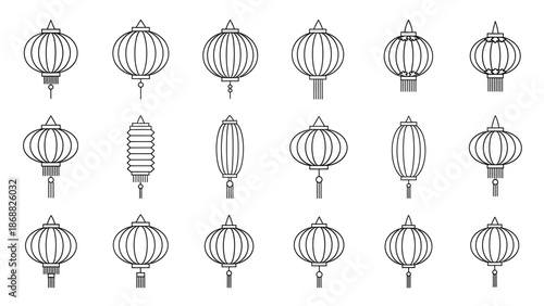 Set of Traditional Asian Lanterns Outline Vector Illustration. Lunar New Year Vector Illustration. EPS Editable