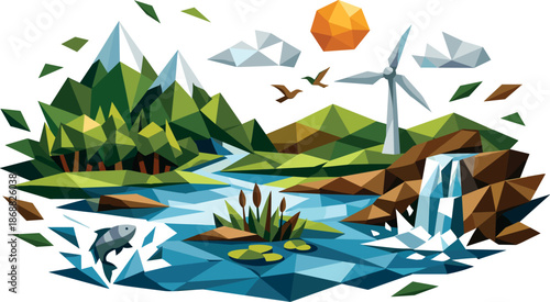 Sustainable Polygonal Landscape. Low-poly vector illustration focused on ecological landscapes and environmental balance,