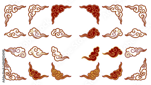 Set of Traditional Chinese Clouds and Corner Ornaments. Lunar New Year Vector Illustration. EPS Editable