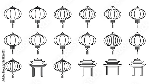 Set of Traditional Chinese Lanterns and Pagoda Gates Outline Icons. Lunar New Year Vector Illustration. EPS Editable