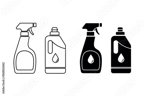 Four different cleaning spray bottles in black and white line art