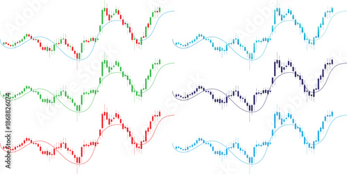 Stock Market Candlestick Chart Set with Moving Average Lines in Multiple Colors Vector Illustration