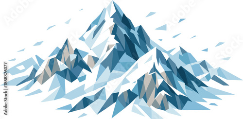 Polygonal Snowy Peaks. Low-poly vector illustration focused on winter mountain peaks covered in snow, faceted polygonal anatomy