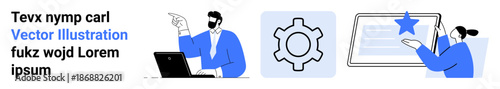 Businessperson pointing at a screen while working on a laptop, gear icon symbolizing settings, user interacting with a tablet and star highlight. Ideal for team management, technology, digital