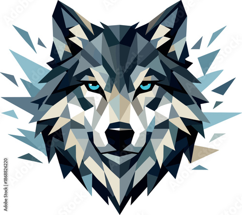 Geometric Wolf Illustration. Low-poly vector illustration focused on a wolf head facing forward, polygonal geometric style with