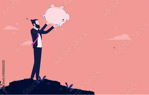 Low budget business - Businessman with empty piggybank trying to find money. Poor and out of money concept