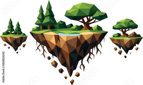 Fantasy Floating Islands. Low-poly vector illustration focused on fantasy floating islands with trees and greenery, polygonal