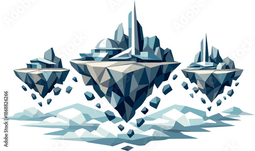 Futuristic Flying Islands. Low-poly vector illustration focused on futuristic flying islands hovering above clouds, polygonal