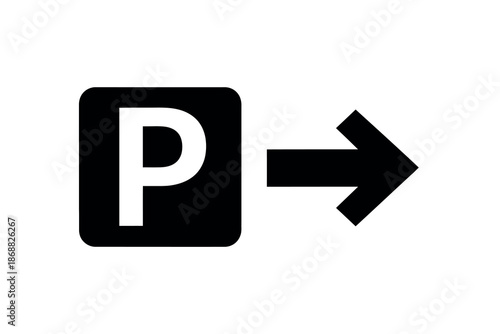 Black parking sign with white letter p and arrow on white background