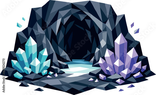 Crystalline Cave Mystery. Low-poly vector illustration focused on an iconic crystalline cave scene as a symbol of mystery and