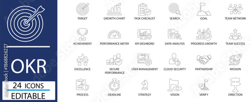 OKR Goal Setting KPI Performance & Strategy Dashboard Line Icon Set