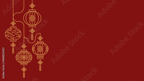 Traditional Chinese Lanterns Hanging on a Red Background. Lunar New Year Vector Illustration. EPS Editable
