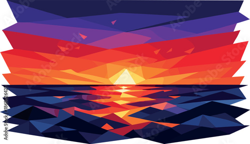 Geometric Sunset Serenity. Low-poly vector illustration focused on an evening sea sunset with glowing horizon, polygonal geometric