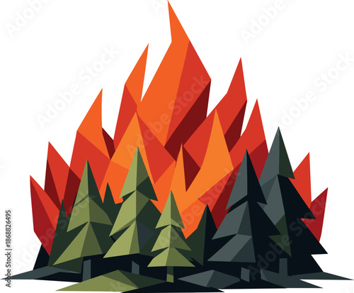 Geometric Forest Fire. Low-poly vector illustration focused on an iconic forest fire concept symbolizing environmental danger,
