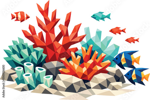 Geometric Coral Reef. Low-poly vector illustration focused on a vibrant tropical coral reef, polygonal geometric style with sharp