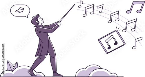 Maestro's Musical Vision: An illustration depicts a conductor passionately guiding a flow of musical notes, envisioning the harmonious soundscape they aim to create.