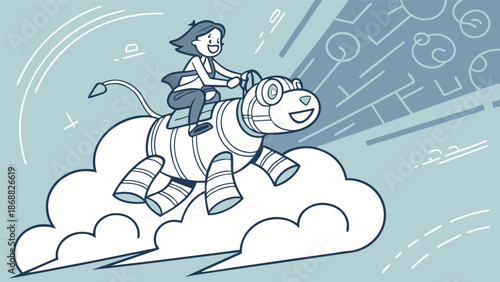 Conceptual Innovation: A determined individual navigates a dreamscape on a fantastical technological creature, a journey into the realms of imagination and limitless potential.