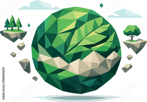 Eco-Friendly Polygon Planet. Low-poly vector illustration focused on a green planet representing ecology and renewal, polygonal