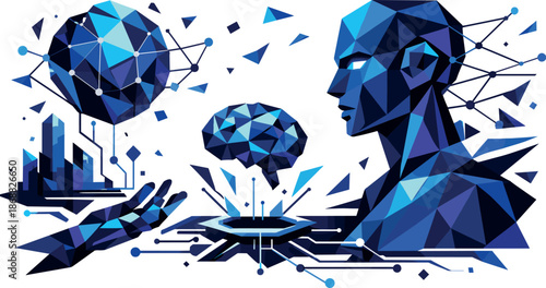 Futuristic AI Geometry. Low-poly vector illustration focused on technologies, artificial intelligence, and the future, polygonal