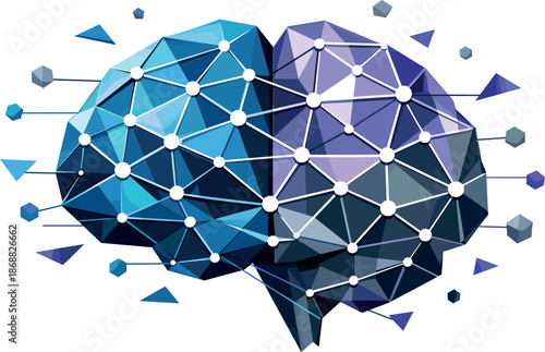 Futuristic Neural Network. Low-poly vector illustration focused on a conceptual human brain as an artificial neural network,