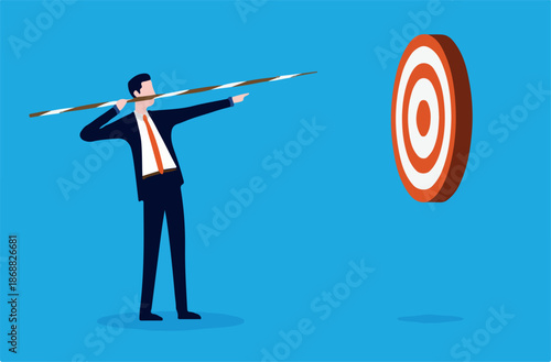 Business practice - Businessman practicing hitting bullseye in target. Vector illustration