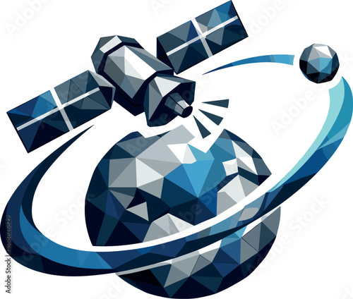 Geometric Satellite Vector. Low-poly vector illustration focused on an iconic satellite orbit symbol representing space technology