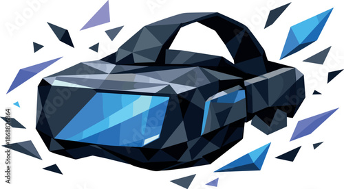 Futuristic VR Design. Low-poly vector illustration focused on a futuristic VR headset concept, polygonal geometric style with