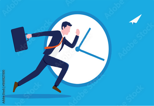 Short on time before deadline - Businessman running fast in front of clock. Business urgency concept. Vector illustration..