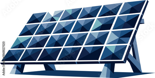 Solar Panel Geometry. Low-poly vector illustration focused on a solar panel array viewed at an angle, polygonal geometric style