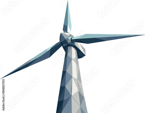 Geometric Wind Turbine. Low-poly vector illustration focused on a modern wind generator viewed from a low angle, polygonal