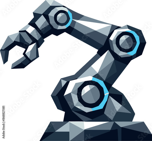 Robotic Arm Geometry. Low-poly vector illustration focused on an iconic robotic arm representing automation and industry,