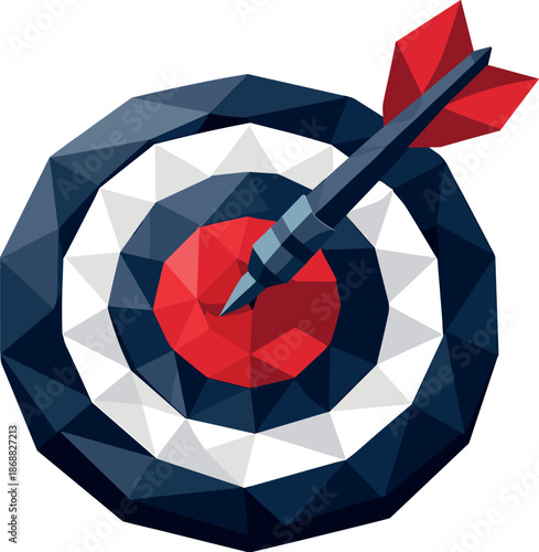 Bullseye Precision Art. Low-poly vector illustration focused on an abstract goal target with a dart embedded precisely in the