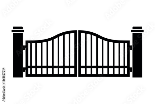 Black metal gate with two posts on white background