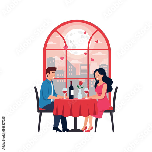 Couple enjoys romantic dinner at a cozy restaurant with a beautiful city view.